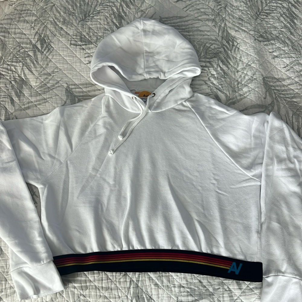 Aviator Nation, L, LOGO STRIPE CROP PULLOVER HOODIE - WHITE